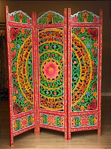 Biombo Madeira - Pintado à Mão - Colorido - 3 Folhas - 1,5mts