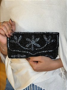Bolsa Clutch - Tecido - Miçangas - Cinza e Preto