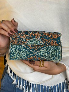 Bolsa Clutch em Metal - Azul e Colorido - Miçangas - Com Alça