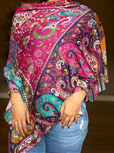 Pashmina Toque Seda - Estampada - Pink e Colorida