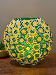Luminária Turca em Mosaico - Vidro - Verde e amarelo - 30cm