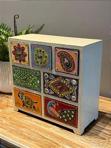 Gaveteiro Decorativo - Porta Joias - Madeira - Pintado á mão - Colorido - 29X13CM
