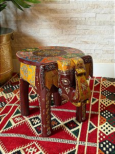 Banqueta - Elefante - Madeira - 31cm - Pintado à Mão - Vinho e Colorido