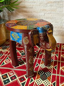 Banqueta - Elefante - Madeira - 44cm - Pintado à Mão - Vinho e Colorido