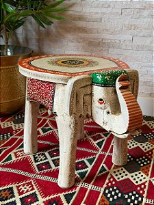 Banqueta - Elefante - Madeira - Pintado á mão - Branco e Colorido - 37cm