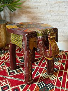 Banqueta - Elefante - Madeira - Pintado á mão - Vinho e Colorido - 39cm