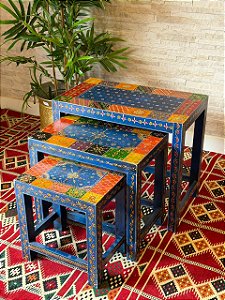 Conjunto de Mesas - Madeira - Pintado à Mão - Azul e Colorido