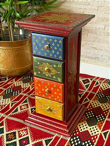 Gaveteiro - Madeira - Pintado à mão - 4 Gavetas - Vermelho e Colorido