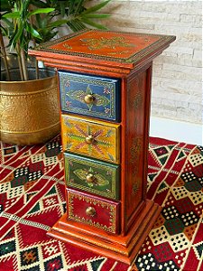 Gaveteiro - Madeira - Pintado à mão - 4 Gavetas - Laranja e Colorido