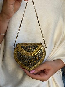 Mini Bolsa Clutch em Metal - Marrom e Dourado - Com Alça