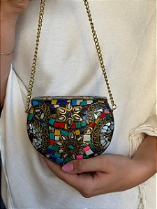 Mini Bolsa Clutch em Metal - Colorido, Madreperolas e Dourado - Com Alça