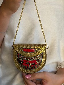 Mini Bolsa Clutch em Metal - Vermelho e Dourado - Com Alça