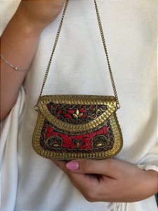 Mini Bolsa Clutch em Metal - Vermelho e Dourado - Com Alça