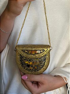 Mini Bolsa Clutch em Metal - Marrom e Dourado - Com Alça