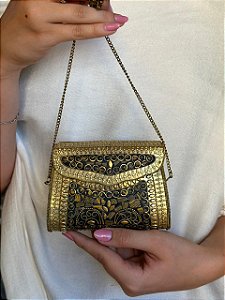 Mini Bolsa Clutch em Metal - Marrom e Dourado - Com Alça