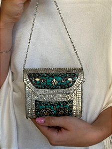 Mini Bolsa Clutch em Metal - Turquesa e Prata - Com Alça