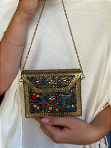 Mini Bolsa Clutch em Metal - Colorido e Dourado - Com Alça