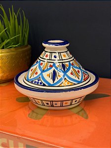 Tagine Saleiro Marroquino - Cerâmica - Pitando à mão - Azul e Azul Claro