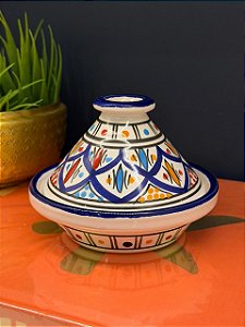 Tagine Saleiro Marroquino - Cerâmica - Pitando à mão - Azul e Colorido