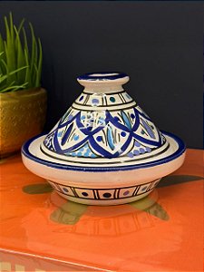 Tagine Saleiro Marroquino - Cerâmica - Pitando à mão - Azul