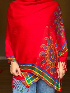 Pashmina de Viscose - Estampada - Vermelho, Azul, Verde e Amarelo