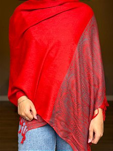 Pashmina de Viscose - Estampada - Vermelho e Cinza Escuro