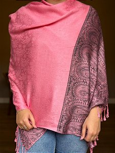 Pashmina de Viscose - Estampada - Rosa e Preto