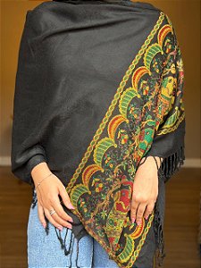 Pashmina de Viscose - Estampada - Preto, Amarelo, Verde e Vermelho
