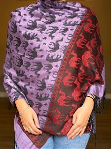 Pashmina de Viscose - Estampada - Dupla Face - Vermelho Queimado, Preto e Roxo