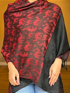 Pashmina de Viscose - Estampada - Dupla Face - Preto e Vermelho