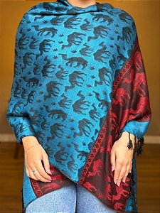 Pashmina de Viscose - Estampada - Dupla Face - Azul, Preto e Vermelho