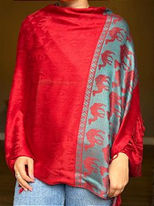 Pashmina de Viscose - Estampada - Dupla Face - Vermelho e Turquesa