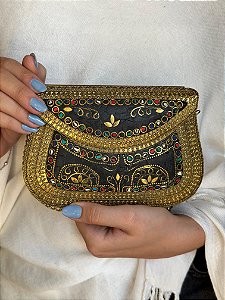 Bolsa Clutch em Metal - Preto, Colorido e Dourado - Com Alça