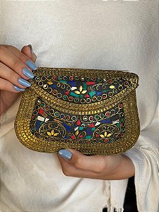 Bolsa Clutch em Metal - Colorido e Dourado - Com Alça