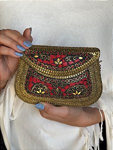 Bolsa Clutch em Metal - Vermelho e Dourado - Com Alça