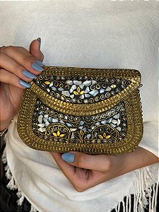 Bolsa Clutch em Metal - Madrepérolas e Dourado - Com Alça