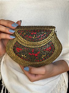 Bolsa Clutch em Metal - Vermelho e Dourado - Com Alça