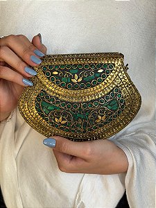 Bolsa Clutch em Metal - Verde e Dourado - Com Alça