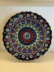 Prato de Parede - Decorativo - Turquia - Cerâmica - Alto Relevo - Azul e Colorido - Grande