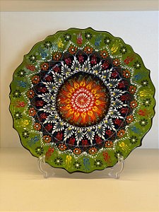 Prato de Parede - Decorativo - Turquia - Cerâmica - Alto Relevo - Verde Claro e Colorido - Grande