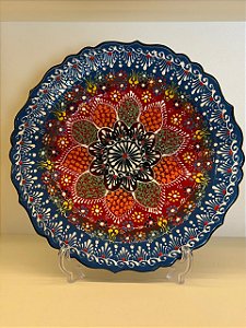 Prato de Parede - Decorativo - Turquia - Cerâmica - Alto Relevo - Azul Claro e Colorido - Grande