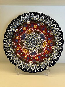 Prato de Parede - Decorativo - Turquia - Cerâmica - Alto Relevo - Azul Escuro e Colorido - Grande