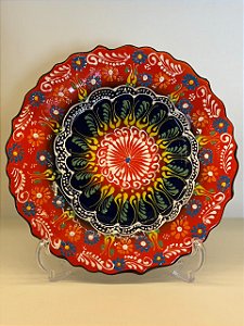 Prato de Parede Médio - Turquia - Decorativo - Cerâmica - Pintado à mão - Laranja e Colorido