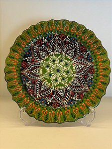 Prato de Parede Médio - Turquia - Decorativo - Cerâmica - Pintado à mão - Verde e Colorido