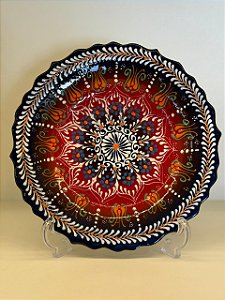 Prato de Parede Médio - Turquia - Decorativo - Cerâmica - Pintado à mão - Azul Escuro e Colorido