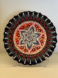 Prato de Parede Médio - Turquia - Decorativo - Cerâmica - Pintado à mão - Verde Escuro e Colorido