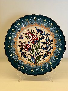 Prato de Parede Pequeno - Turquia - Decorativo - Cerâmica - Alto Relevo - Verde, Azul e Colorido