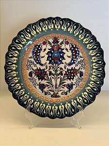 Prato de Parede Pequeno - Turquia - Decorativo - Cerâmica - Alto Relevo - Verde e Colorido