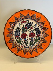 Prato de Parede Pequeno - Turquia - Decorativo - Cerâmica - Alto Relevo - Laranja e Colorido
