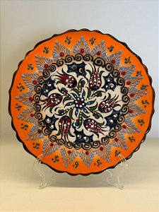 Prato de Parede Pequeno - Turquia - Decorativo - Cerâmica - Alto Relevo - Laranja e Colorido
